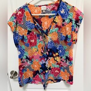 Cupio Women's Colorful Floral Blouse, Size Xl, Short Sleeve, Tie accent neckline
